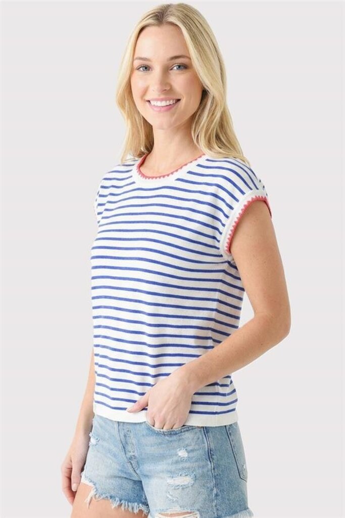 STACCATO White and Blue Stripe Knit Short Sleeve Top