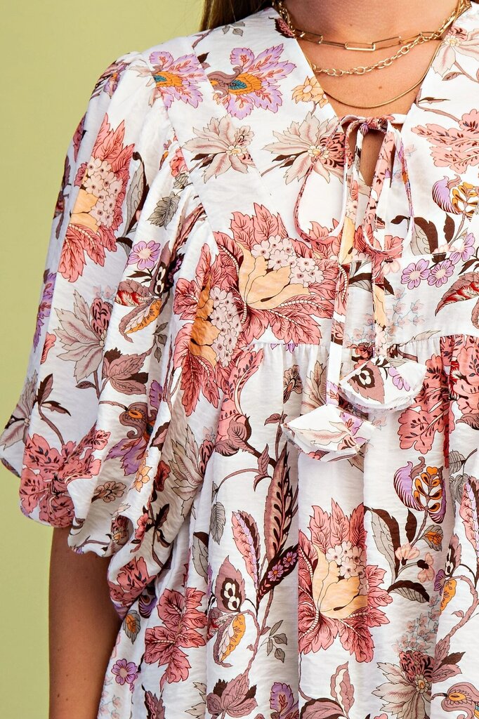 GIGIO White and Mauve Mix Floral Puffed Short Sleeves Top