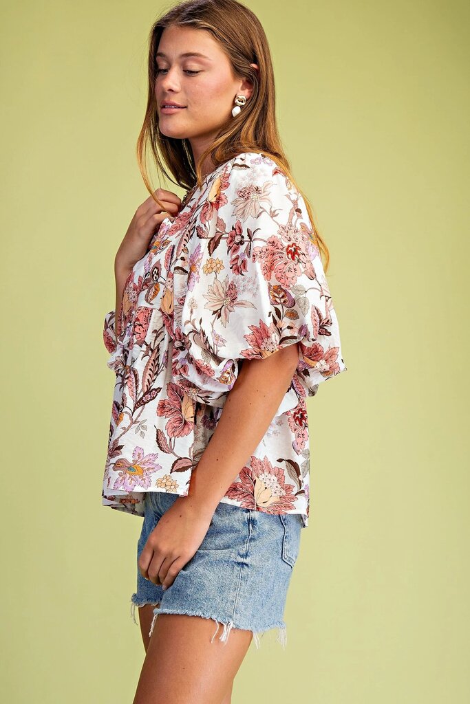 GIGIO White and Mauve Mix Floral Puffed Short Sleeves Top