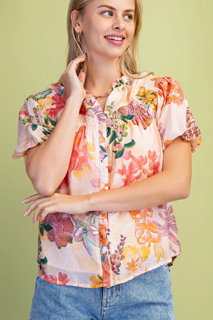 GIGIO Peach & Multi Floral Puff Short Sleeves Top