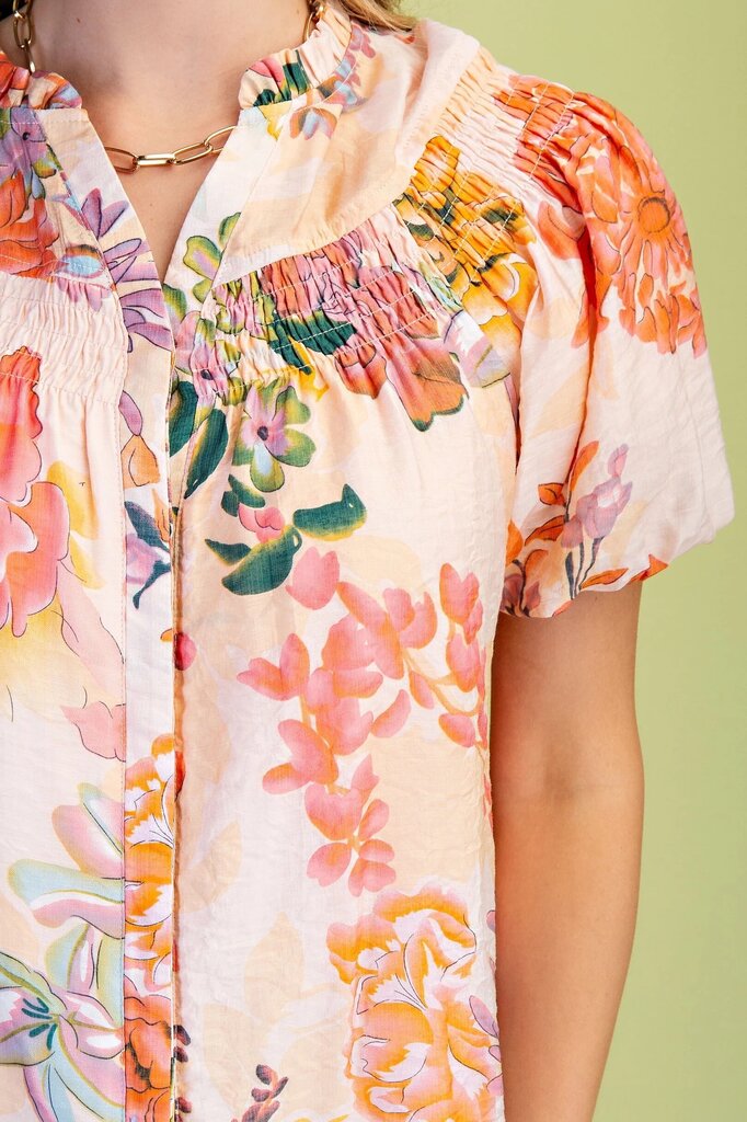 GIGIO Peach & Multi Floral Puff Short Sleeves Top
