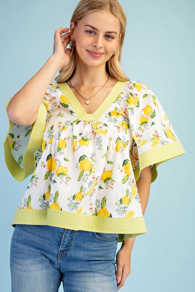 GIGIO White Cotton Short Sleeve Fruit and Floral Print Top