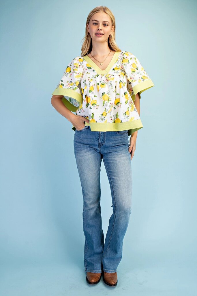 GIGIO White Cotton Short Sleeve Fruit and Floral Print Top