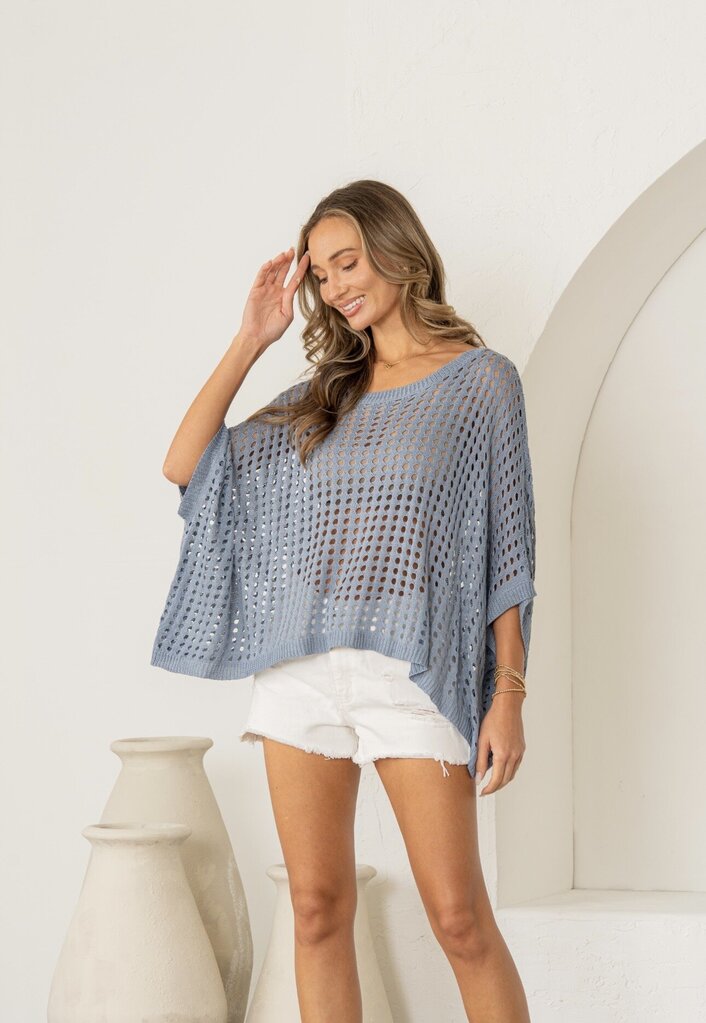 SEW IN LOVE Denim Blue Open-Knit Batwing Sleeve Top