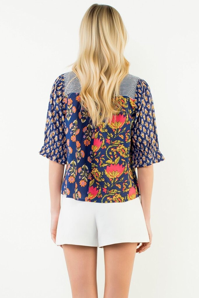 THML Navy with Stripes and Multi Floral Short Sleeve Top