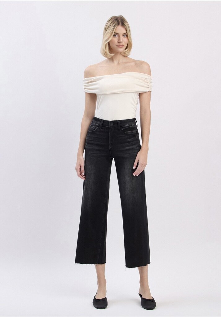 VERVET Black High Rise Raw Hem Crop Slim Wide Jeans