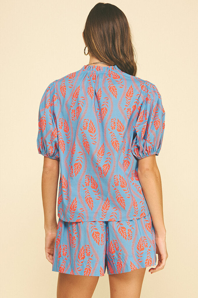 PINCH Blue Botanical Print Short Sleeve Top