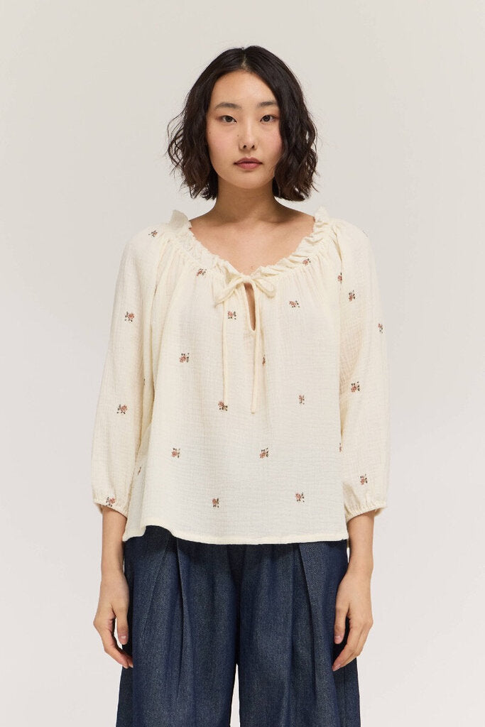 GRADE & GATHER Cream Long Sleeve Gauze with Floral Embroidery Top