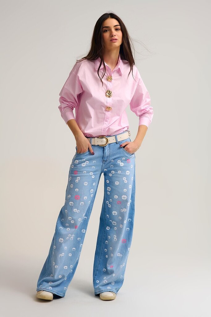 Q2 Light Wash Wide Leg Lip Print Jeans