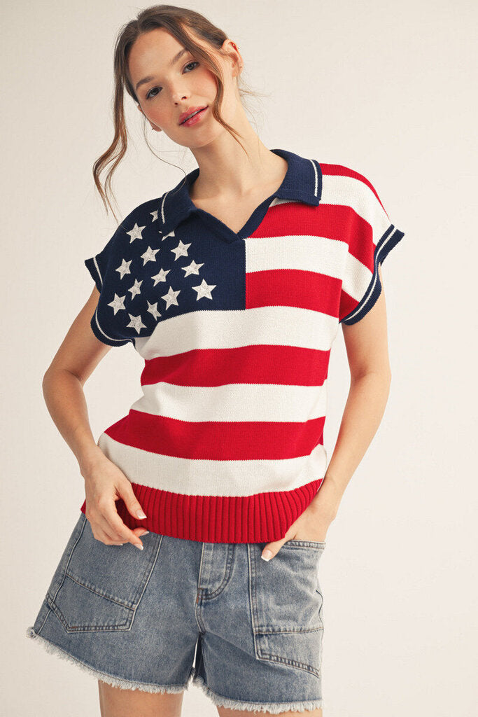 Jodifl American Flag Short Sleeve Cotton Sweater Top