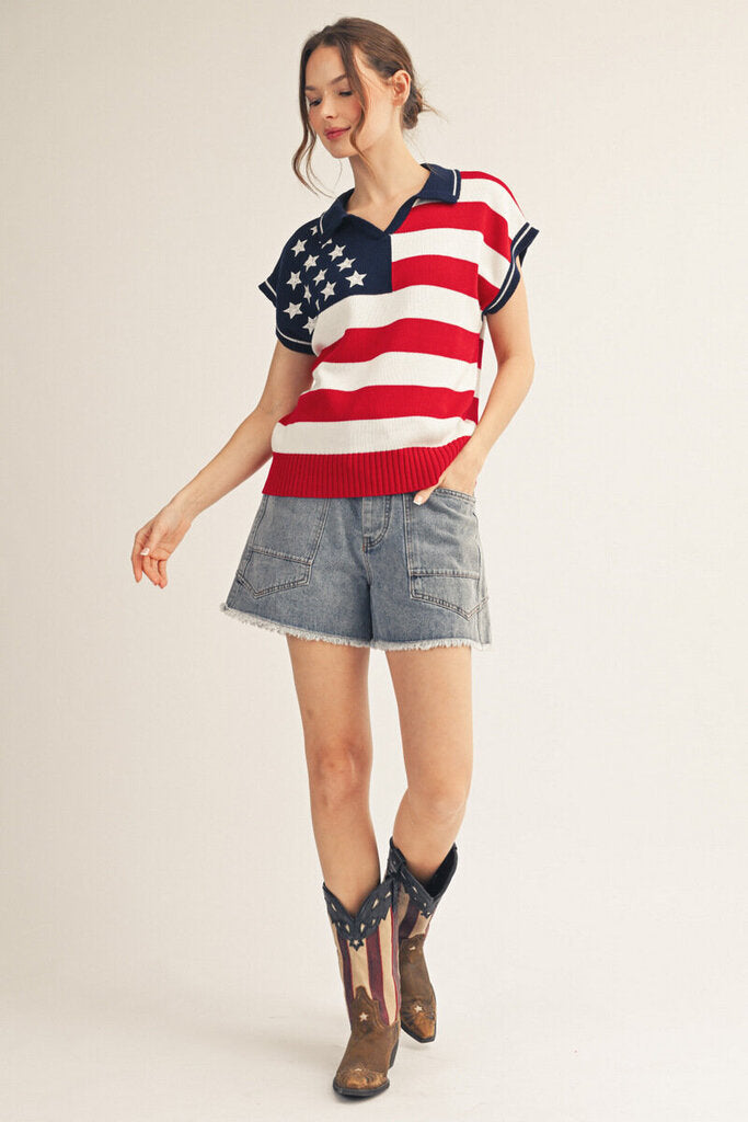 Jodifl American Flag Short Sleeve Cotton Sweater Top