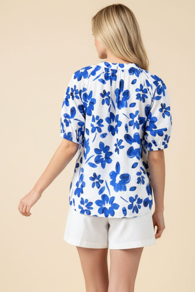 PINCH White and Blue floral Short Sleeve Cotton Top