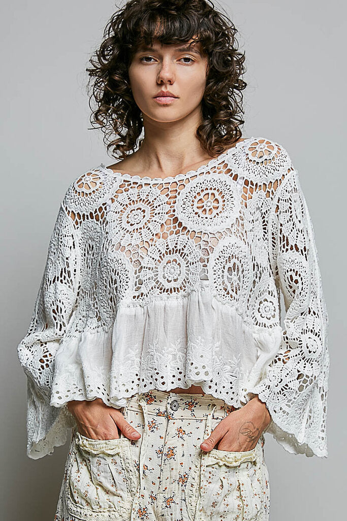 POL White Cotton Crochet Long Sleeve Top