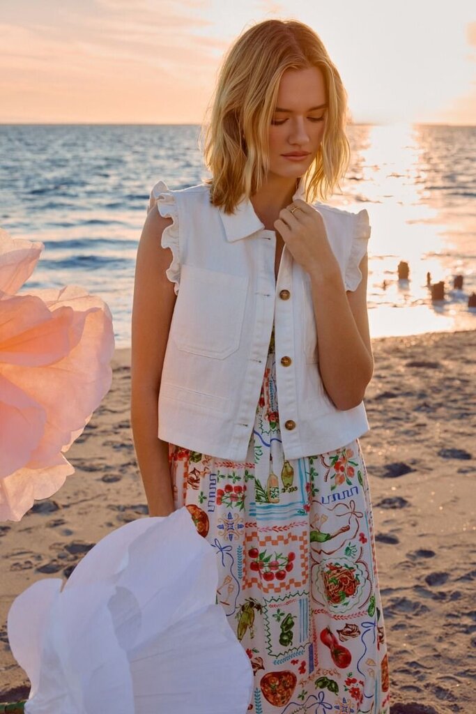 SUNDAY EDITION Sleeveless White Twill Ruffle Sleeve Vest Top