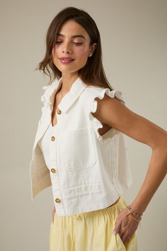 SUNDAY EDITION Sleeveless White Twill Ruffle Sleeve Vest Top