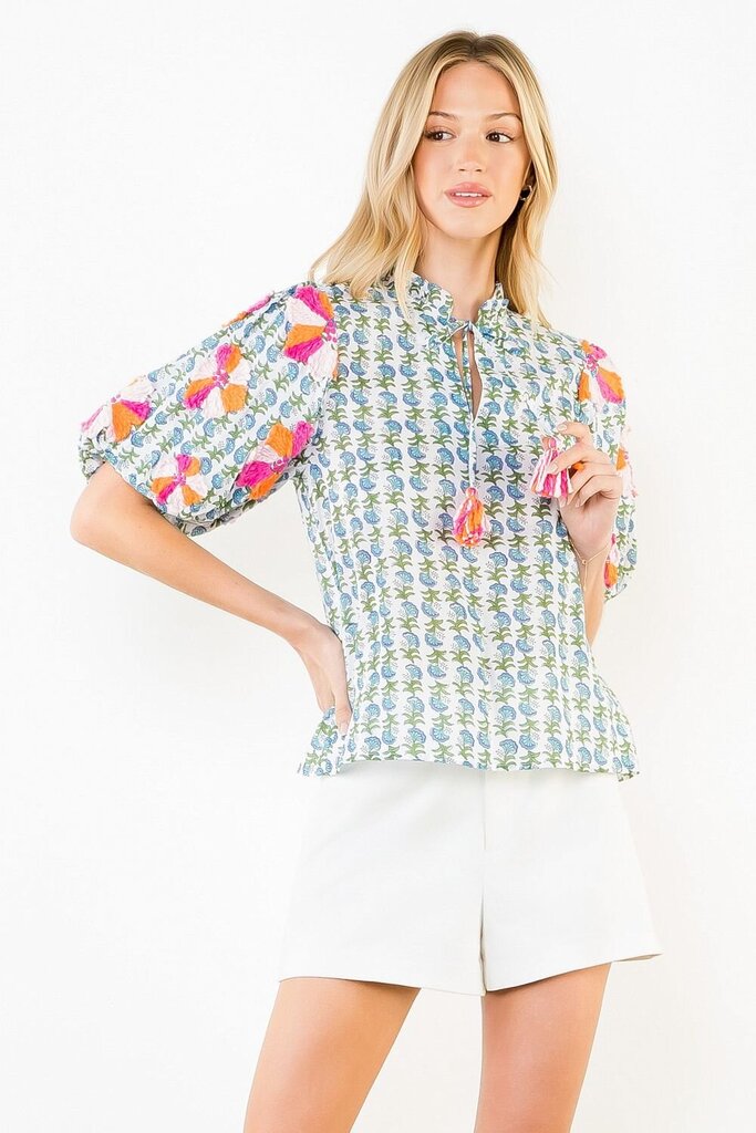 THML White Cotton Printed Top with Embroidery