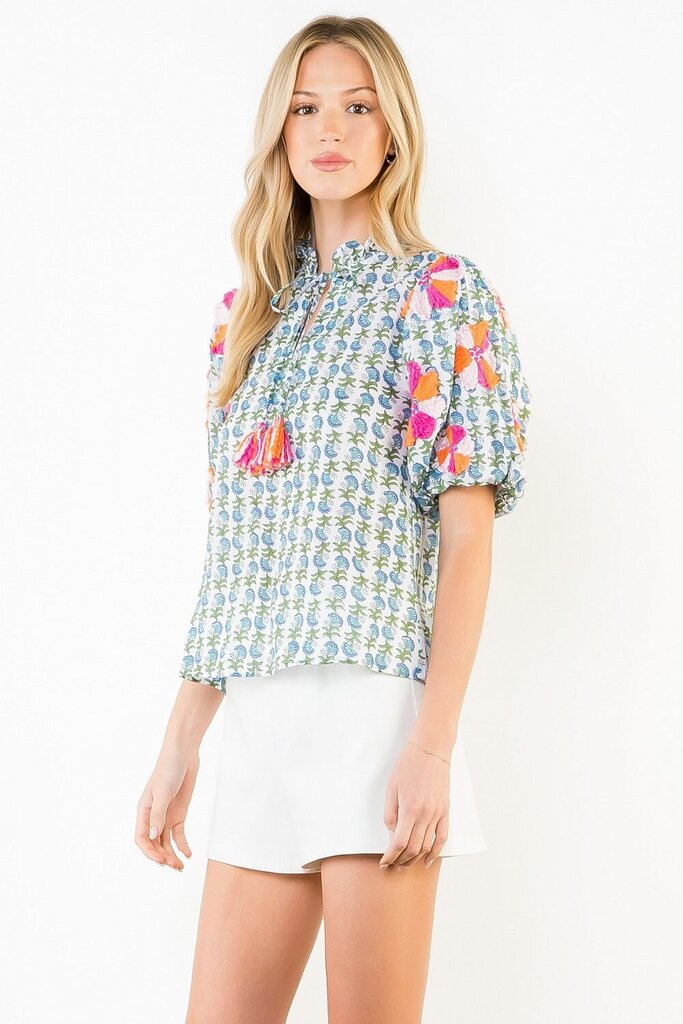 THML White Cotton Printed Top with Embroidery