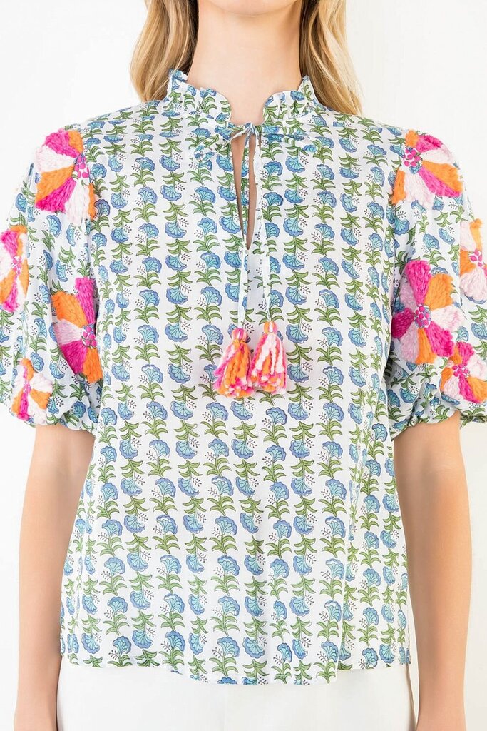 THML White Cotton Printed Top with Embroidery