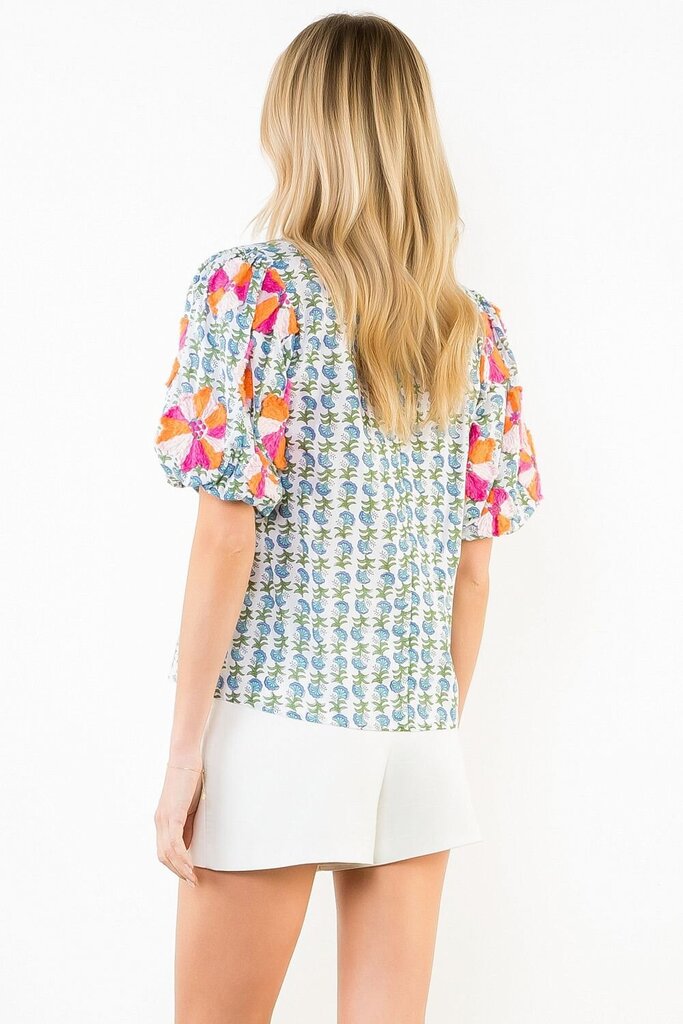 THML White Cotton Printed Top with Embroidery