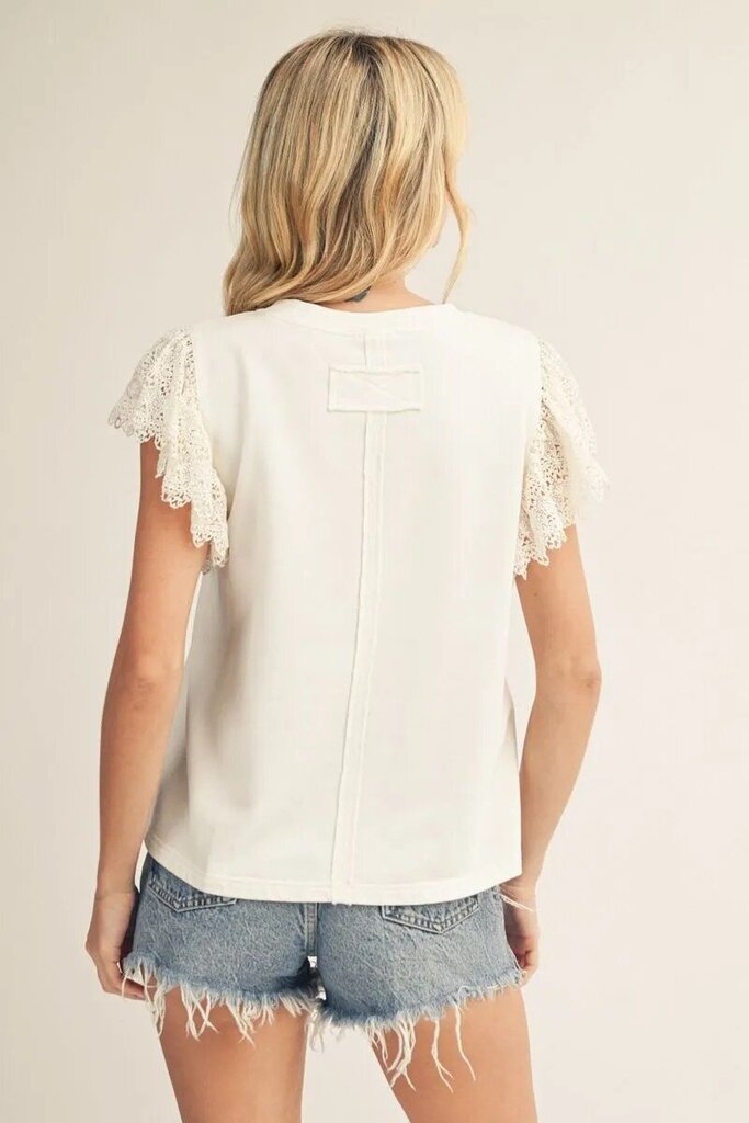 JODIFL White Lace Short Sleeve Patch-Embellished American Flag Top