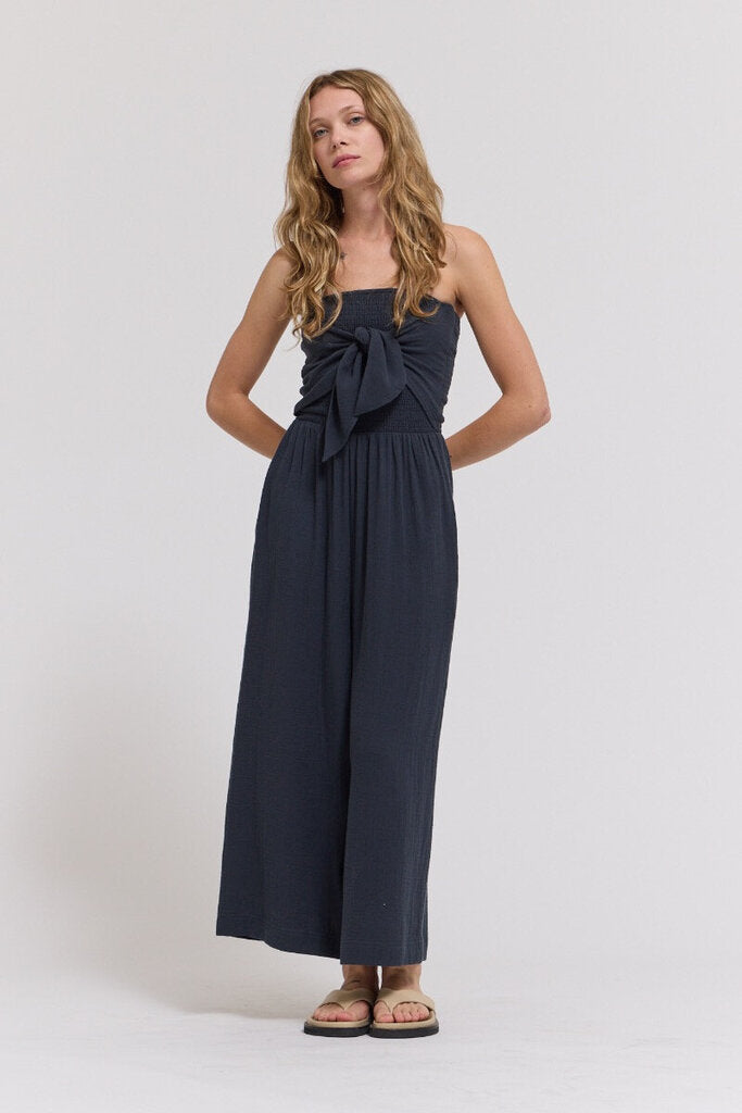 GRADE & GATHER Washed Black Strapless Cotton Gauze Tie Front Jumper