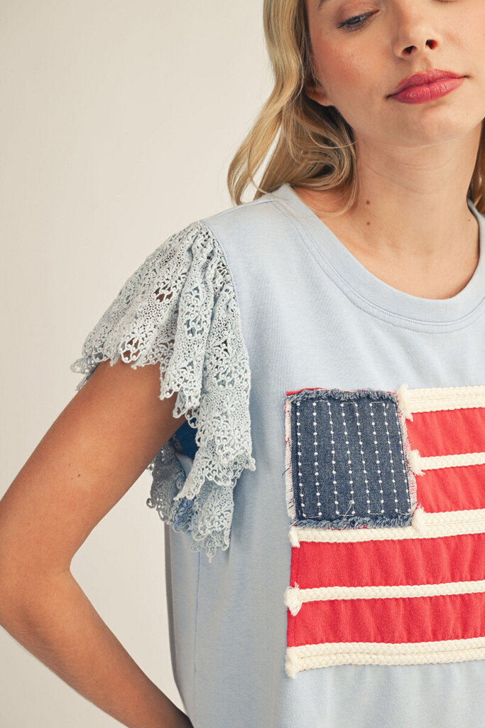 JODIFL Blue Lace Short Sleeve Patch-Embellished American Flag Top