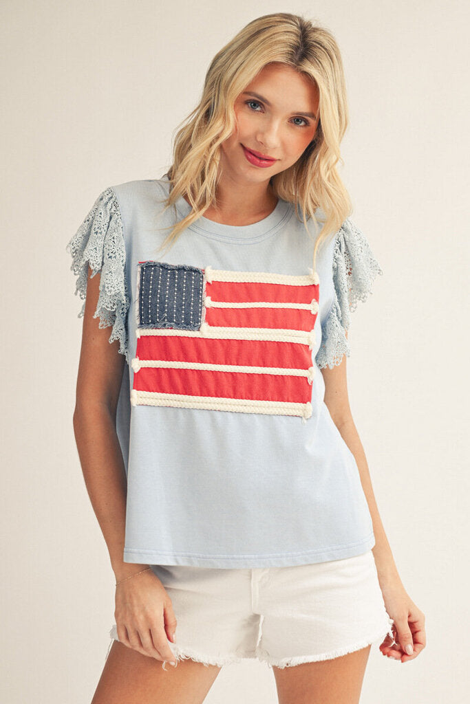 JODIFL Blue Lace Short Sleeve Patch-Embellished American Flag Top