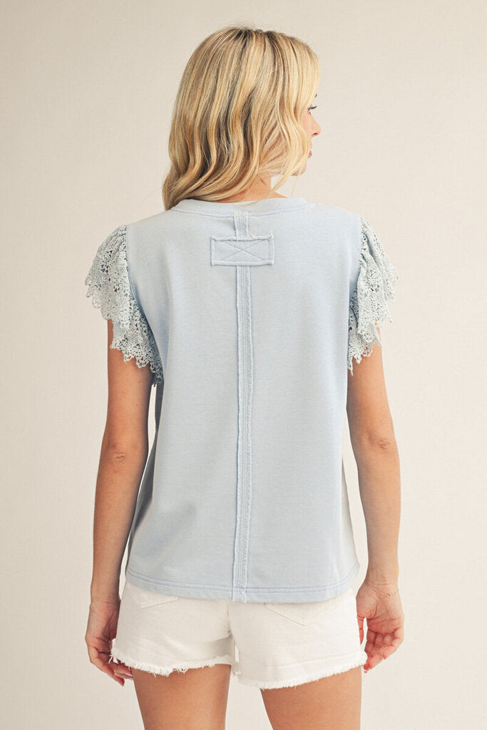 JODIFL Blue Lace Short Sleeve Patch-Embellished American Flag Top