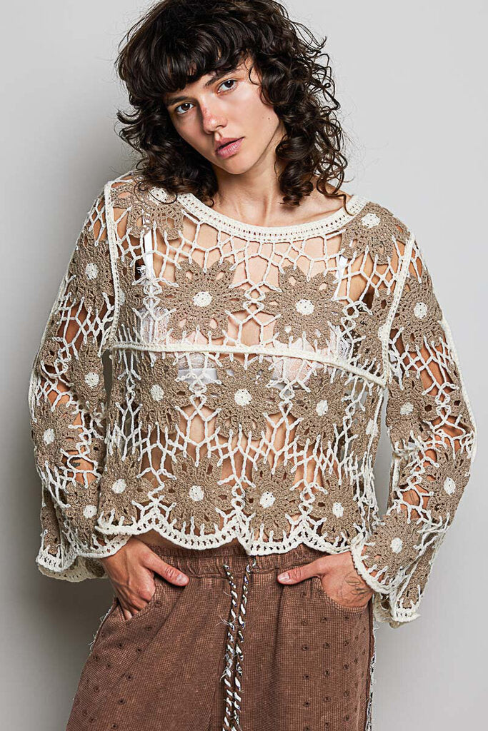 POL Mocha and Cream Crochet Long Sleeve Top