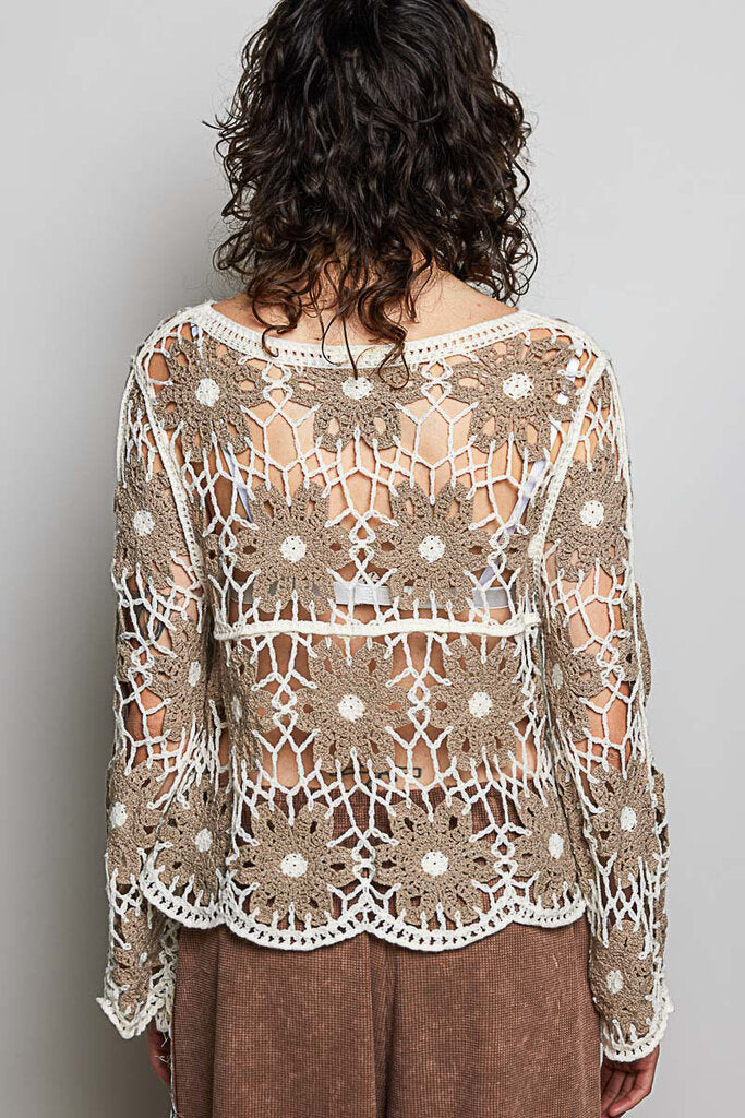 POL Mocha and Cream Crochet Long Sleeve Top