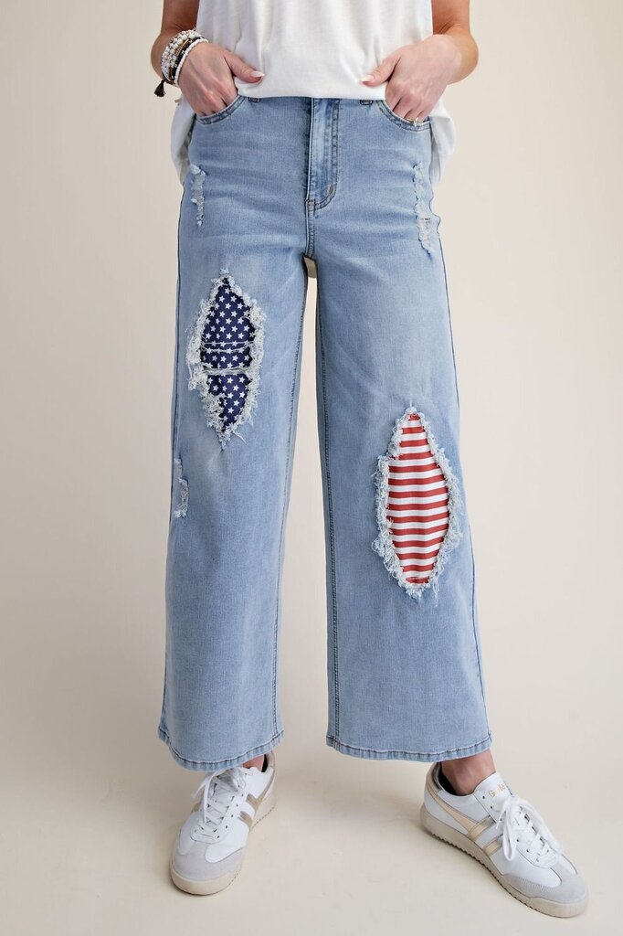 EASEL Wide Leg Distrssed Stripe and Star Patch Denim Jeans