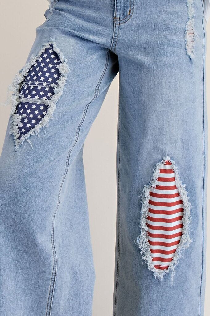 EASEL Wide Leg Distrssed Stripe and Star Patch Denim Jeans