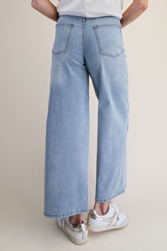 EASEL Wide Leg Distrssed Stripe and Star Patch Denim Jeans
