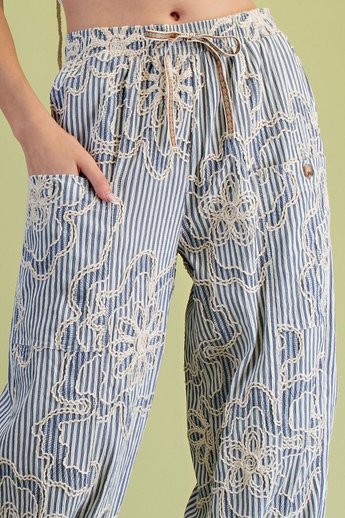 EASEL Blue Stripe Embroidery Woven Jogger Pants