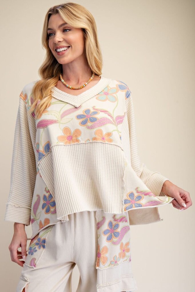 EASEL Cream Floral Print Washed Terry Lounge Top