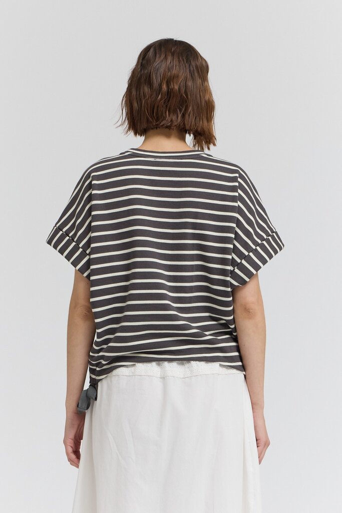GRADE & GATHER Steel Grey and Cream Scrunch Side Ties Short Sleeve Top