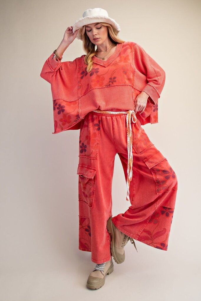 EASEL Boho Red Floral Print Washed Terry Cotton Lounge Pants