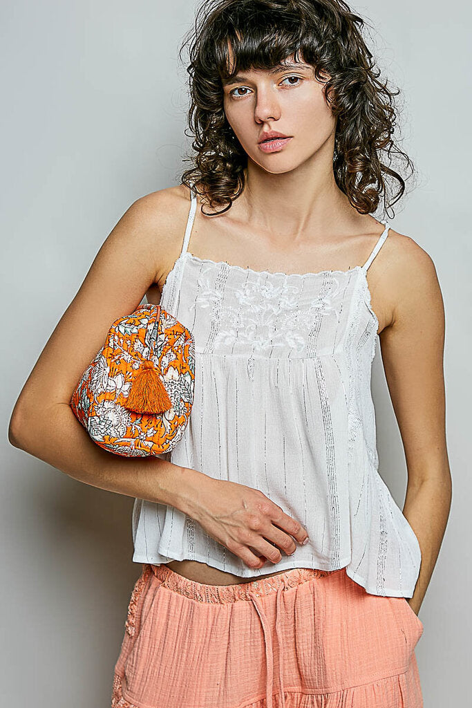POL Orange Floral Print Quilted Cosmetic Bag