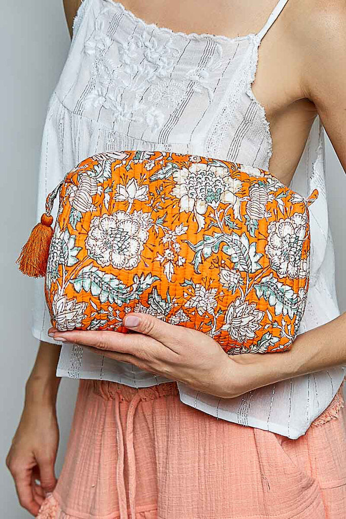 POL Orange Floral Print Quilted Cosmetic Bag