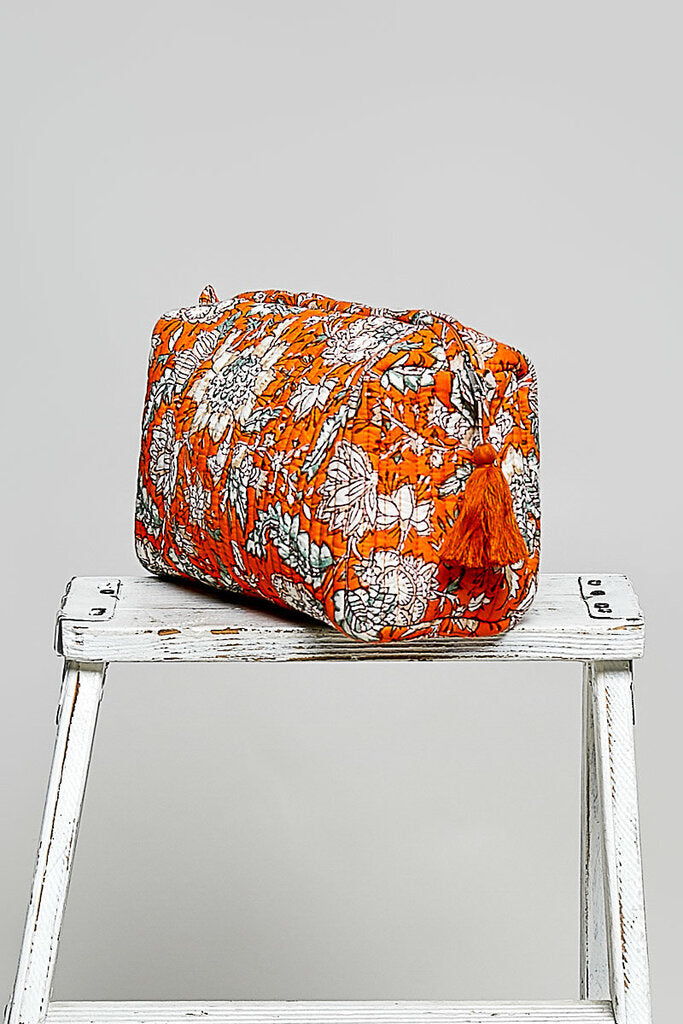 POL Orange Floral Print Quilted Cosmetic Bag