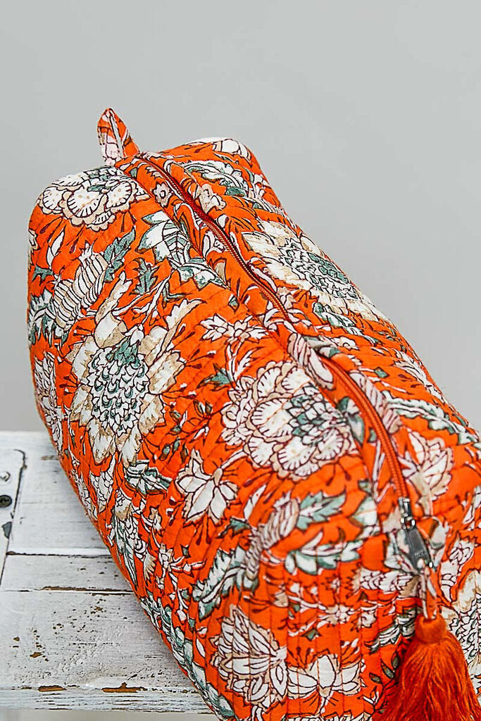 POL Orange Floral Print Quilted Cosmetic Bag