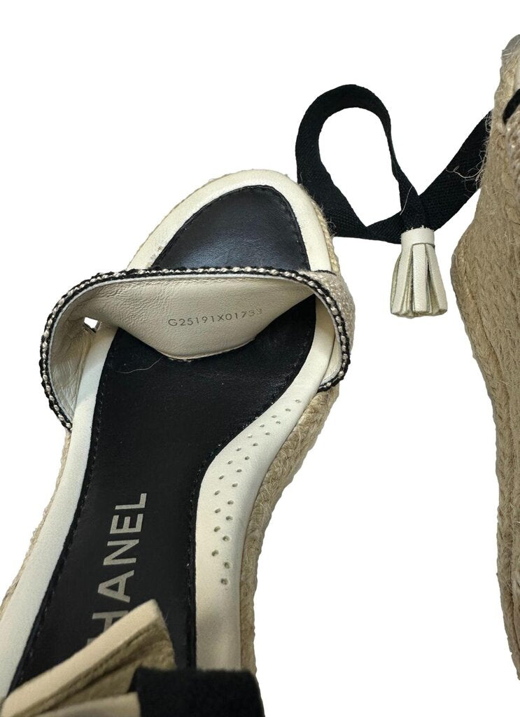 CHANEL Cream & Black Espadrille Wedge Sandal