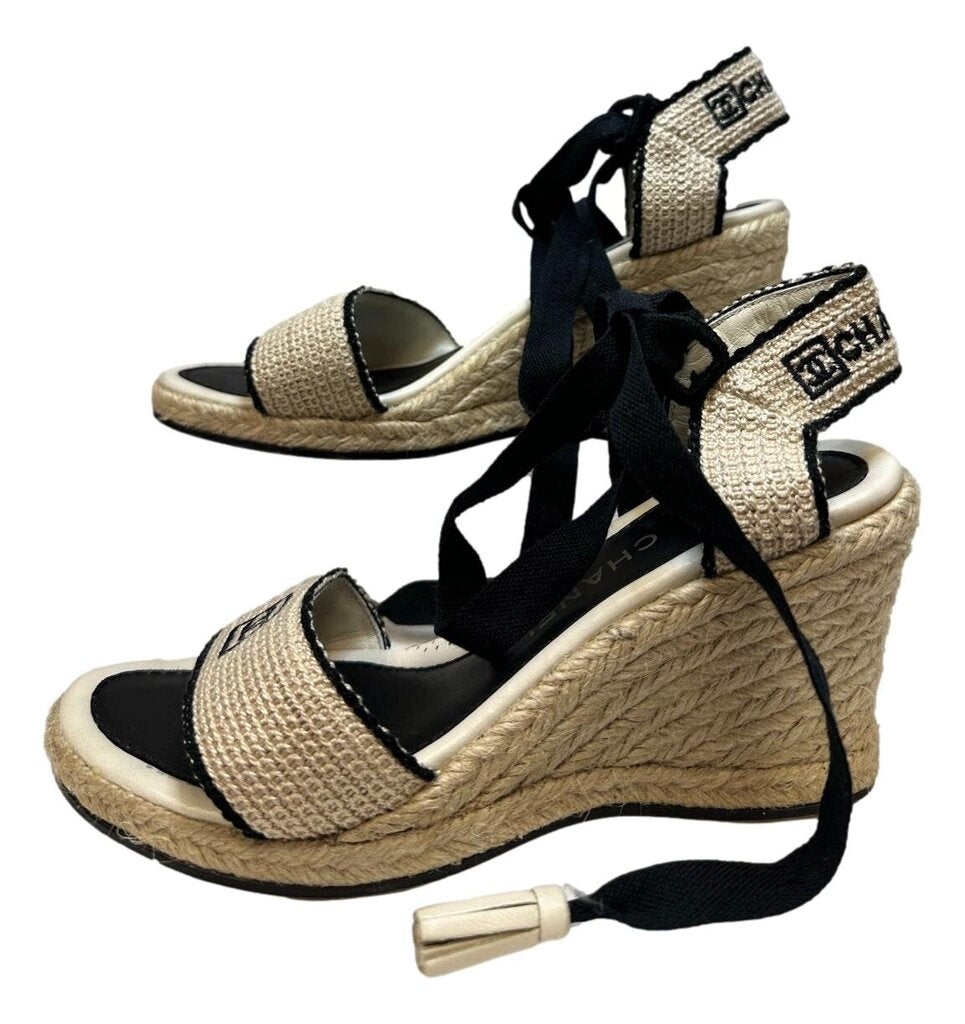 CHANEL Cream & Black Espadrille Wedge Sandal