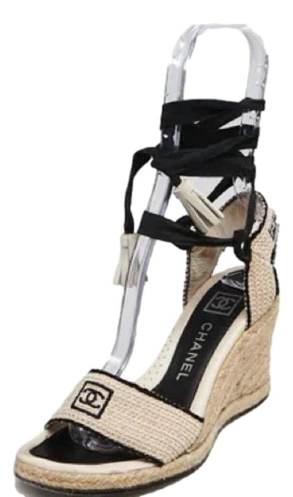CHANEL Cream & Black Espadrille Wedge Sandal