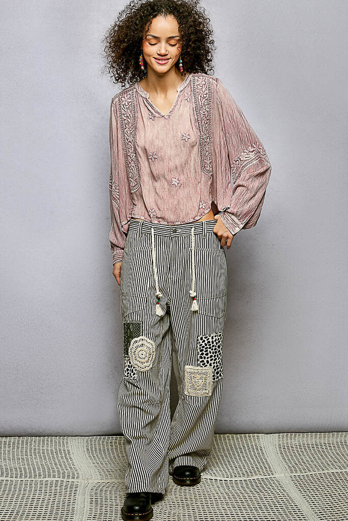 POL Antique Pink Embroidered Long Sleeve Top