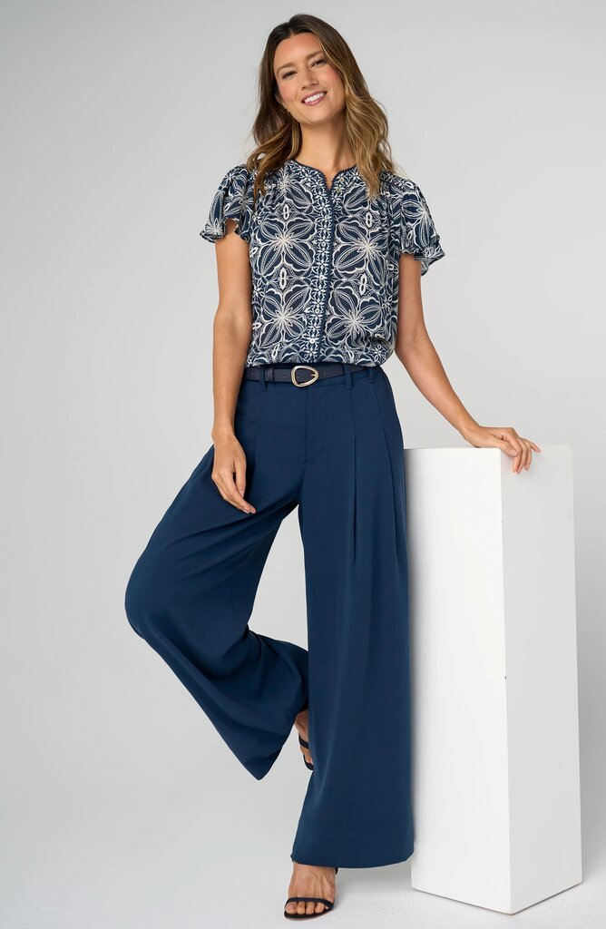 LIVER POOL High Rise Oxford Navy Pleated Wide Leg Trouser