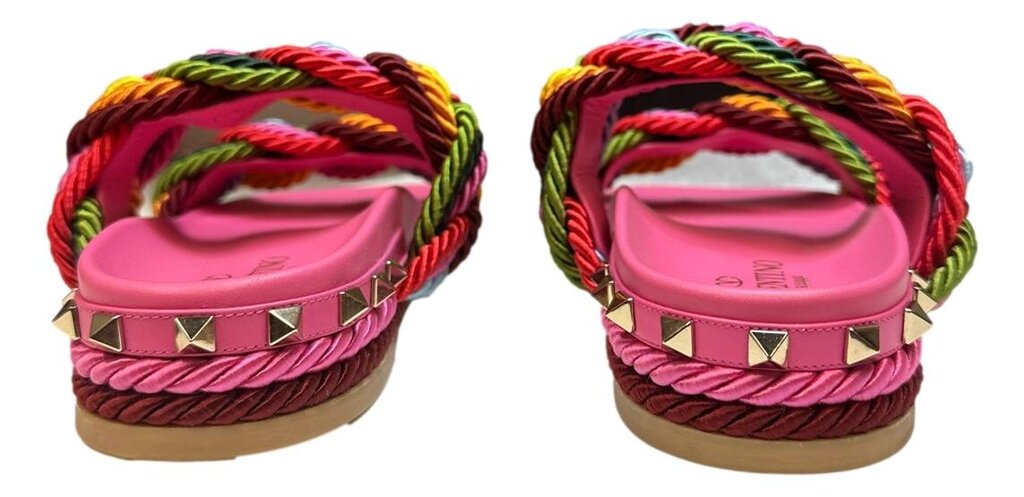 VALENTINO Pink Multi Braided Rockstud Sandal