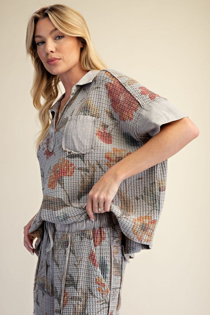 EASEL Light Washed Grey Waffle Knit Loungewear Short Sleeve Top