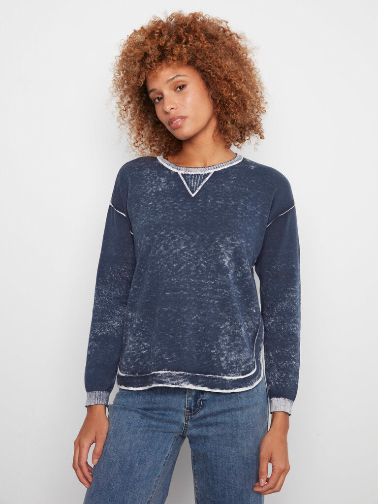 CHARLIE B Midnight Blue and White Long Sleeve Cotton Sweater Top