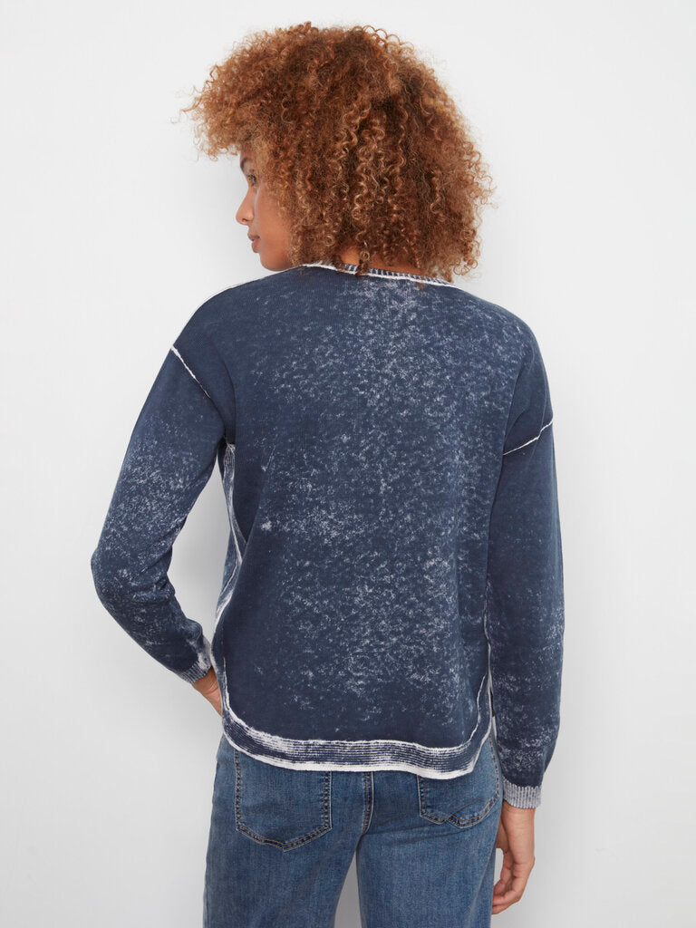 CHARLIE B Midnight Blue and White Long Sleeve Cotton Sweater Top